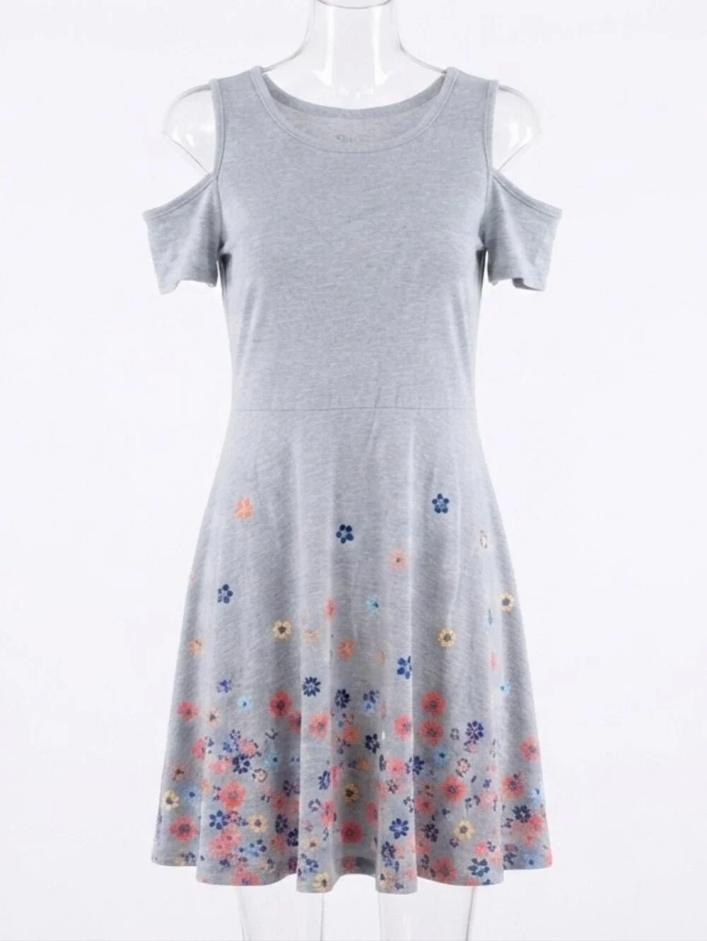 SO Girls Gray Favorite Skater Dress Cold Shoulder Floral Hem Size Large 10/12